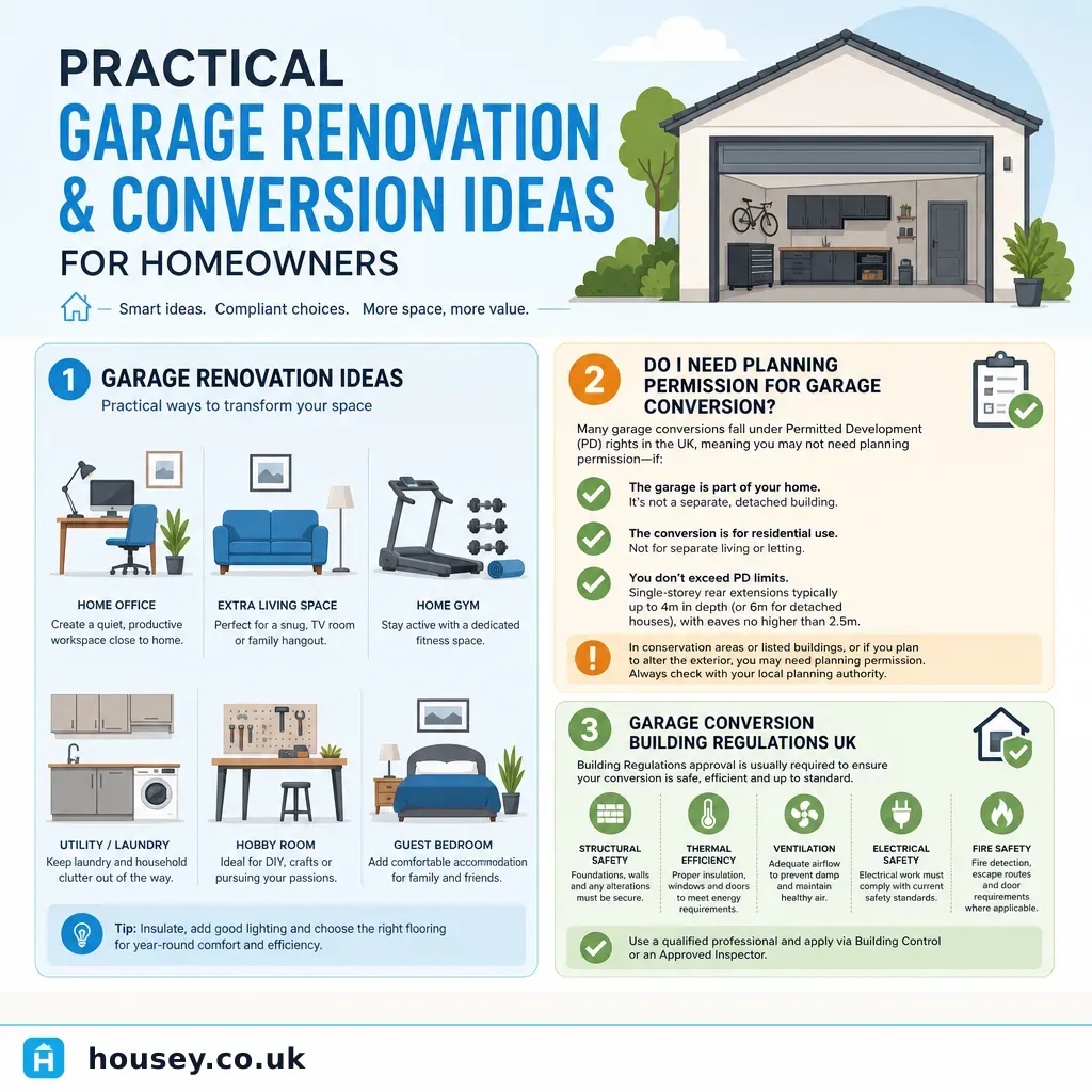 Infographic illustrating: Practical Garage Renovation and Conversion Ideas for Homeowners