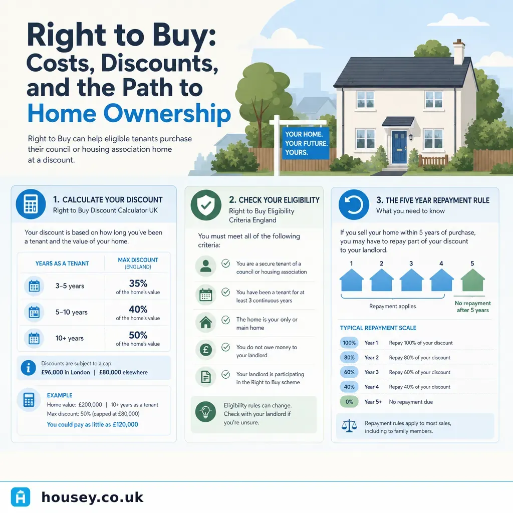Infographic illustrating: Right to Buy: Costs, Discounts, and the Path to Home Ownership