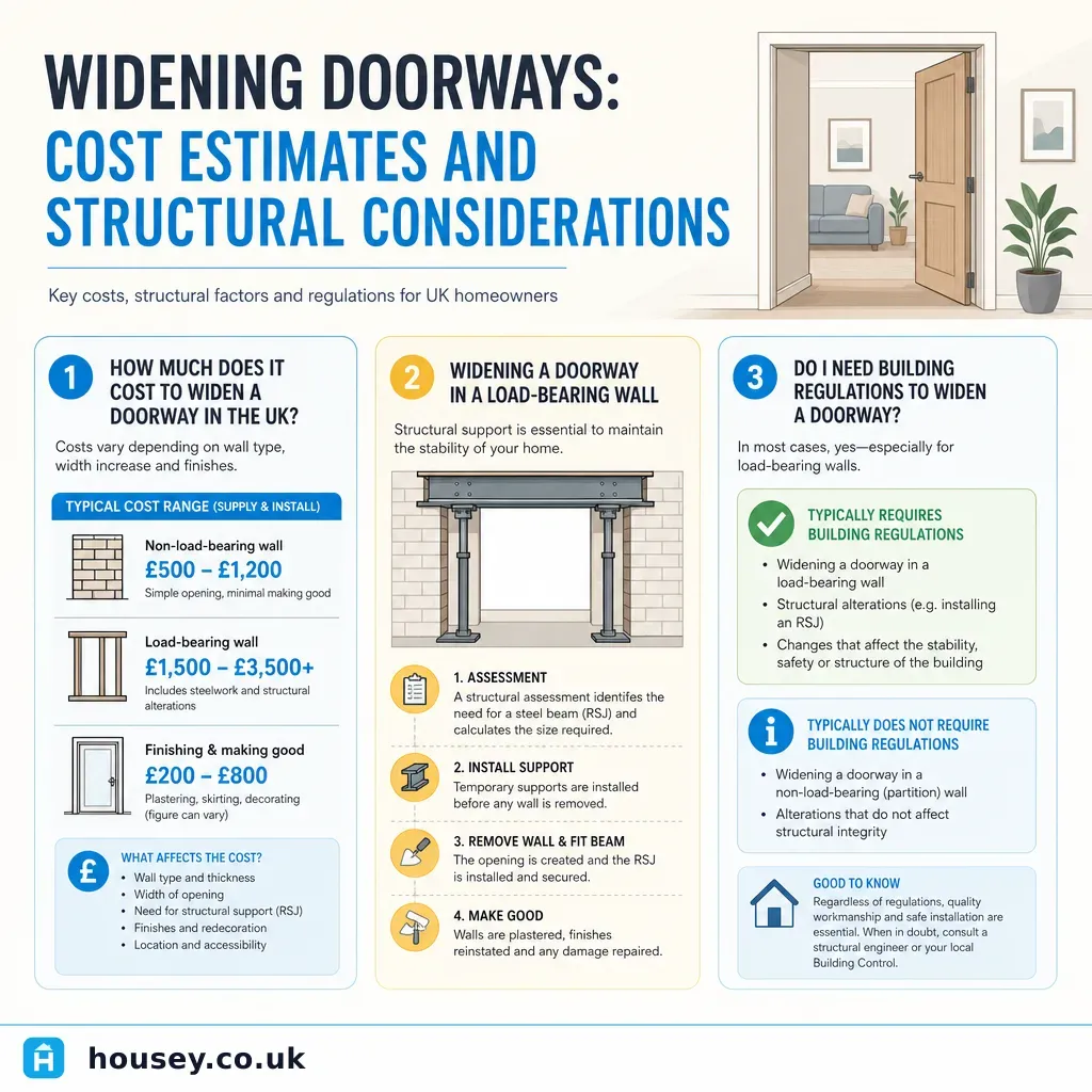 Infographic illustrating: Widening Doorways: Cost Estimates and Structural Considerations