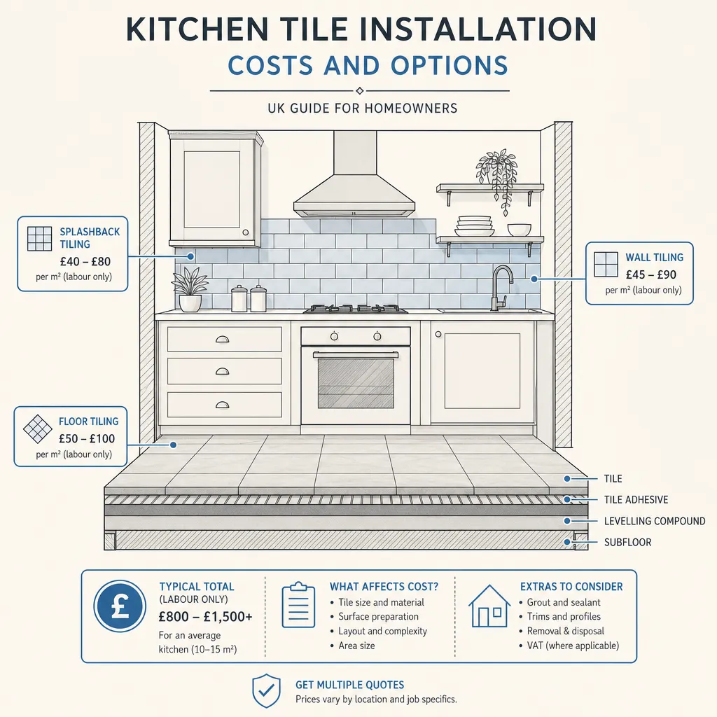 Diagram illustrating: Kitchen Tile Installation Costs and Options