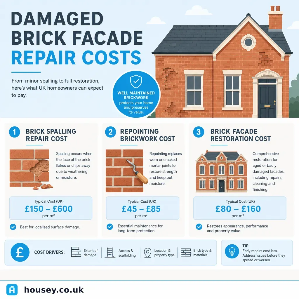 Infographic illustrating: Damaged Brick Facade Repair Costs