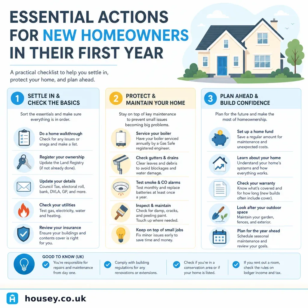 Infographic illustrating: Essential Actions for New Homeowners in Their First Year