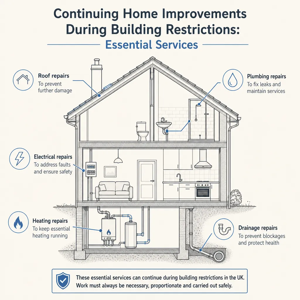 Diagram illustrating: Continuing Home Improvements During Building Restrictions: Essential Services