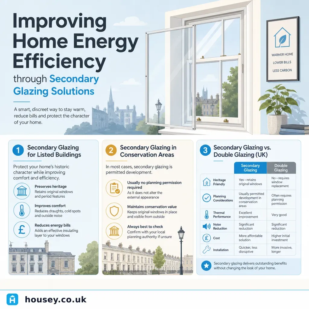 Infographic illustrating: Improving Home Energy Efficiency through Secondary Glazing Solutions