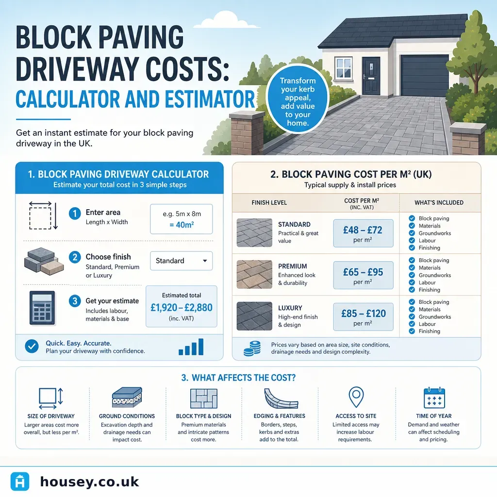 Infographic illustrating: Block Paving Driveway Costs: Calculator and Estimator