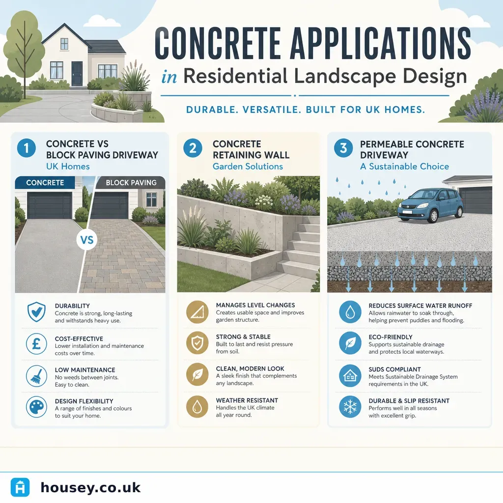 Infographic illustrating: Concrete Applications in Residential Landscape Design
