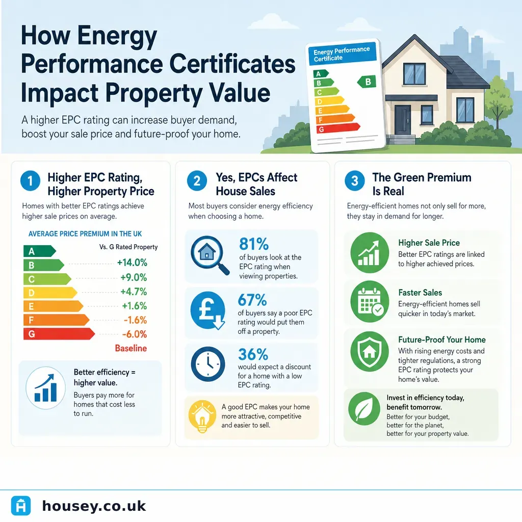 Infographic illustrating: How Energy Performance Certificates Impact Property Value