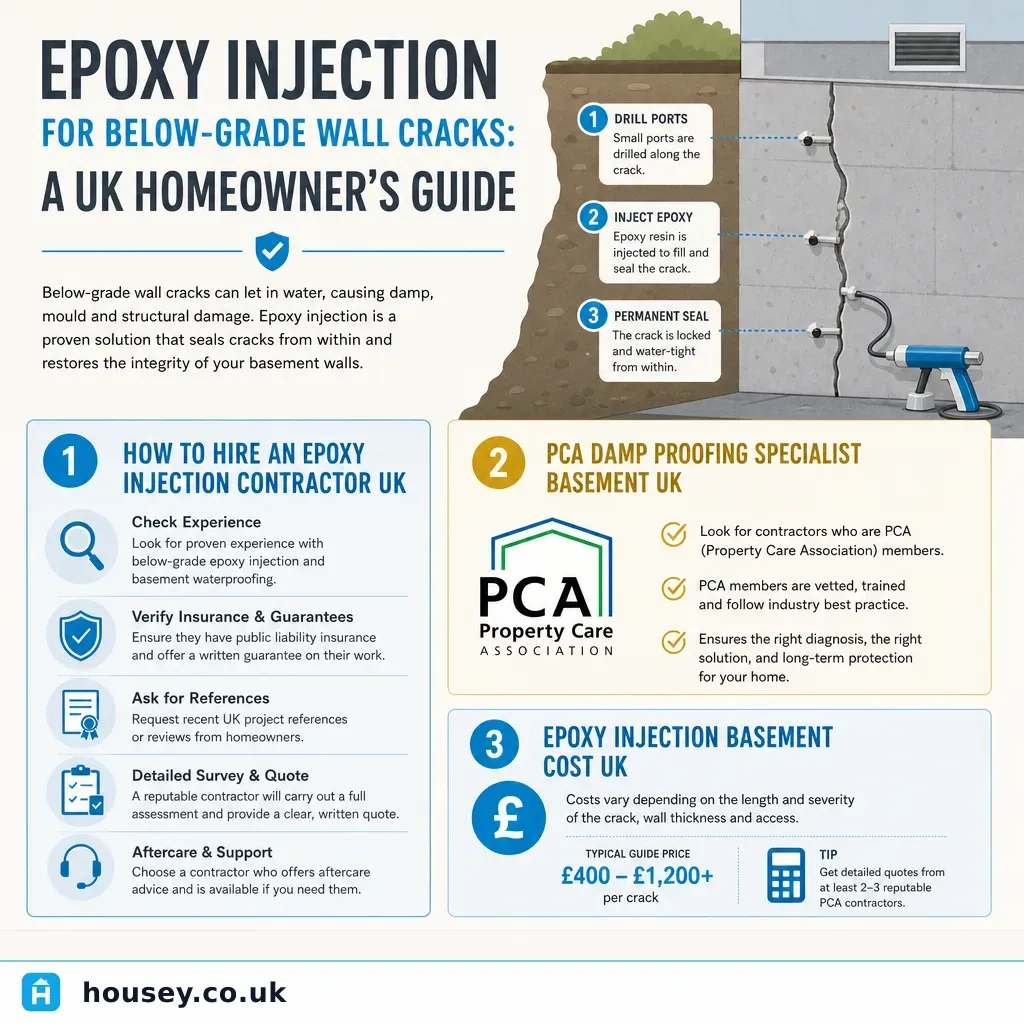 Infographic illustrating: Epoxy Injection for Below-Grade Wall Cracks: A UK Homeowner's Guide