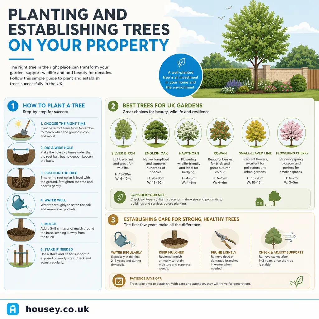 Infographic illustrating: Planting and Establishing Trees on Your Property