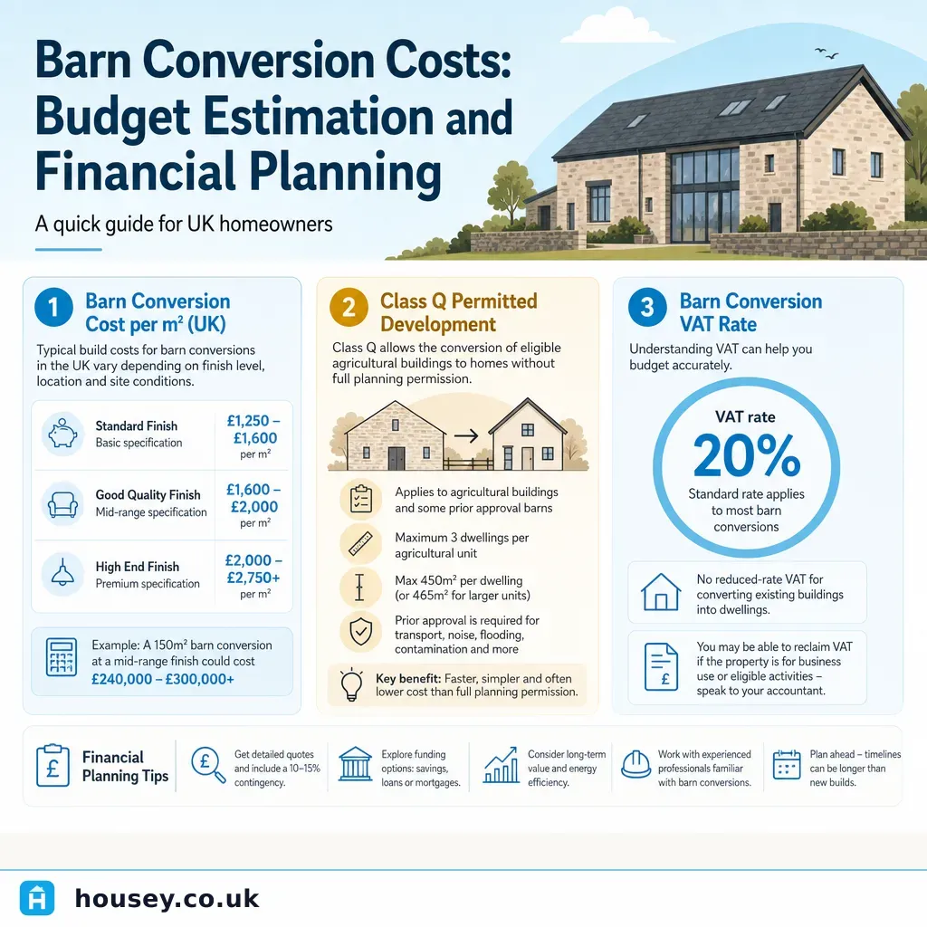 Infographic illustrating: Barn Conversion Costs: Budget Estimation and Financial Planning