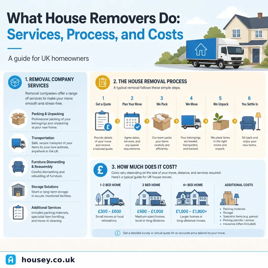 Infographic illustrating: What House Removers Do: Services, Process, and Costs