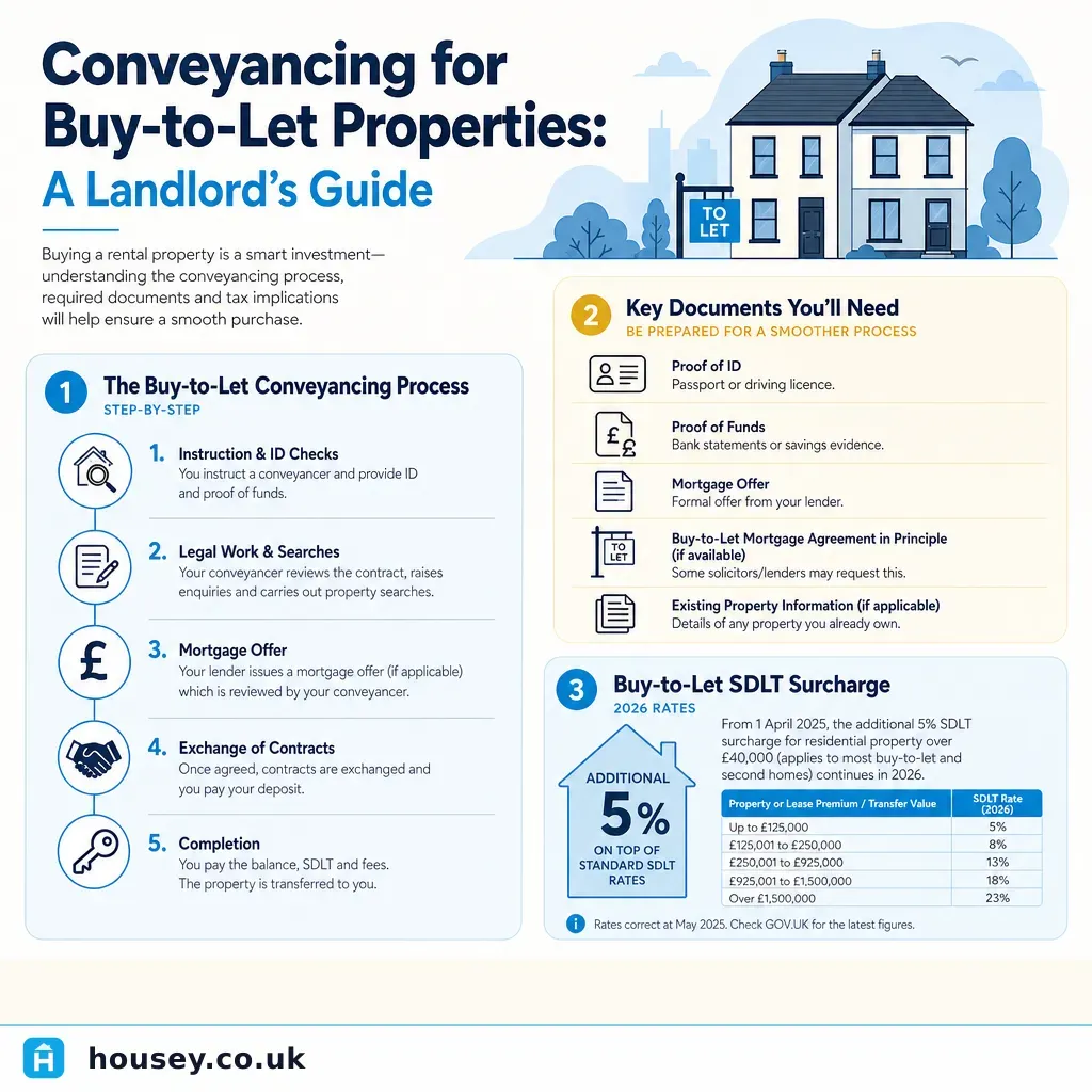 Infographic illustrating: Conveyancing for Buy-to-Let Properties: A Landlord's Guide