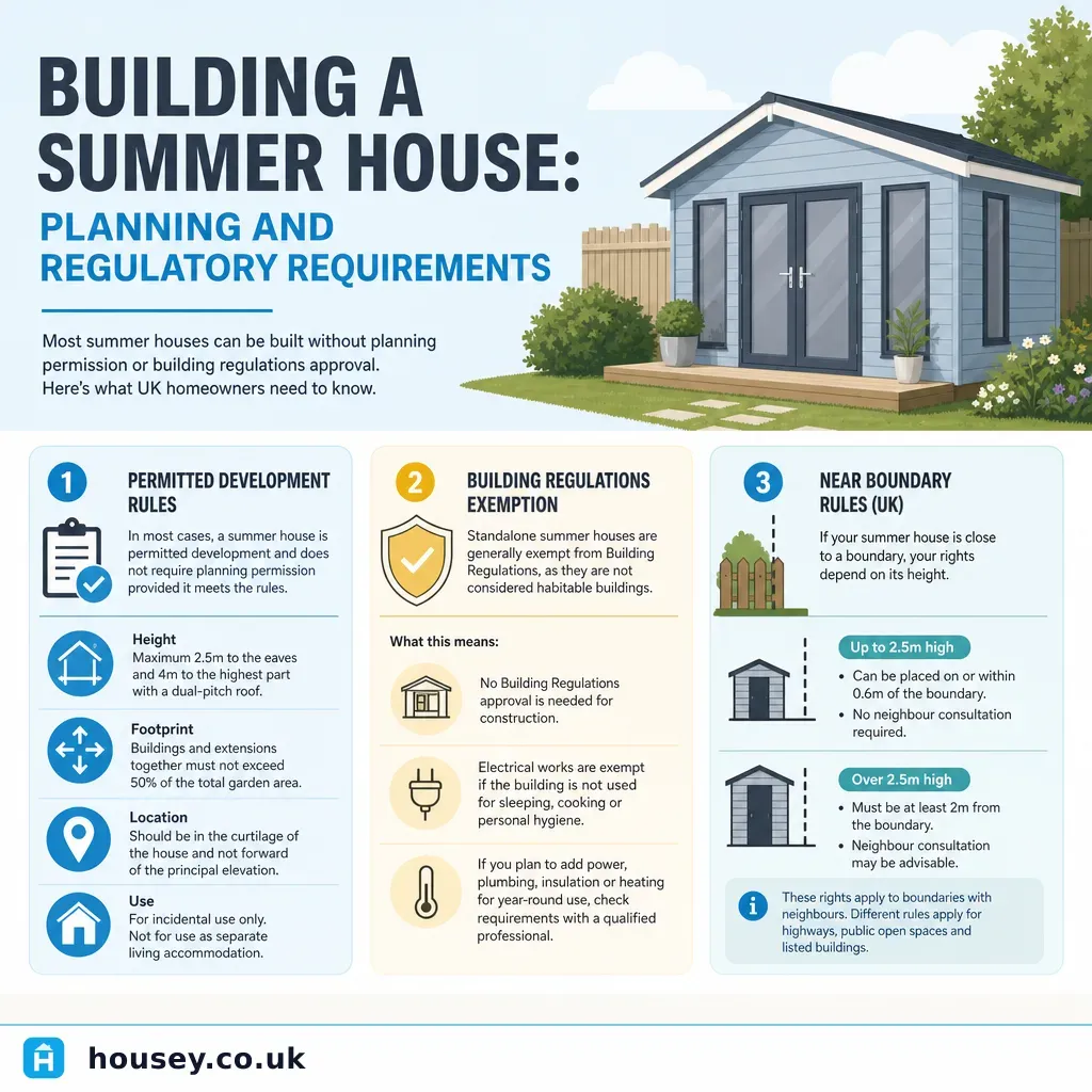 Infographic illustrating: Building a Summer House: Planning and Regulatory Requirements