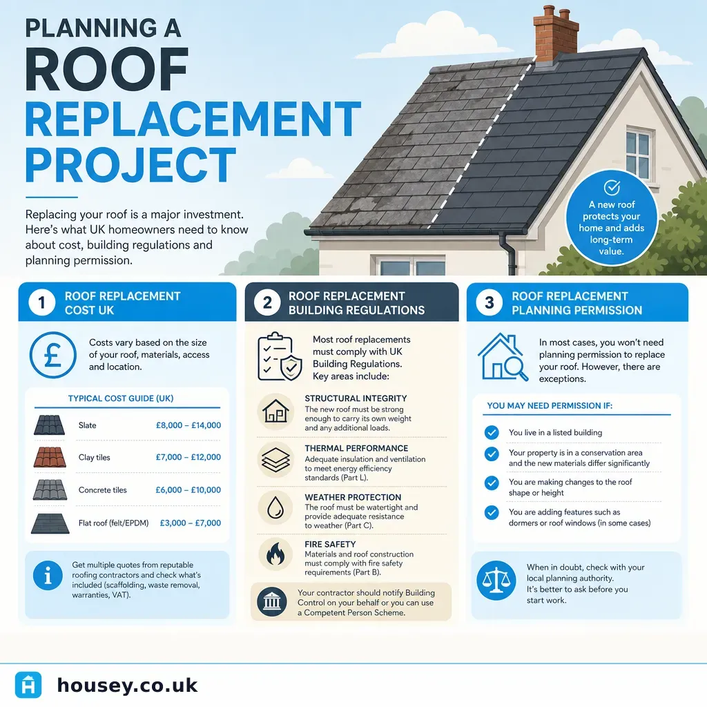 Infographic illustrating: Planning a Roof Replacement Project