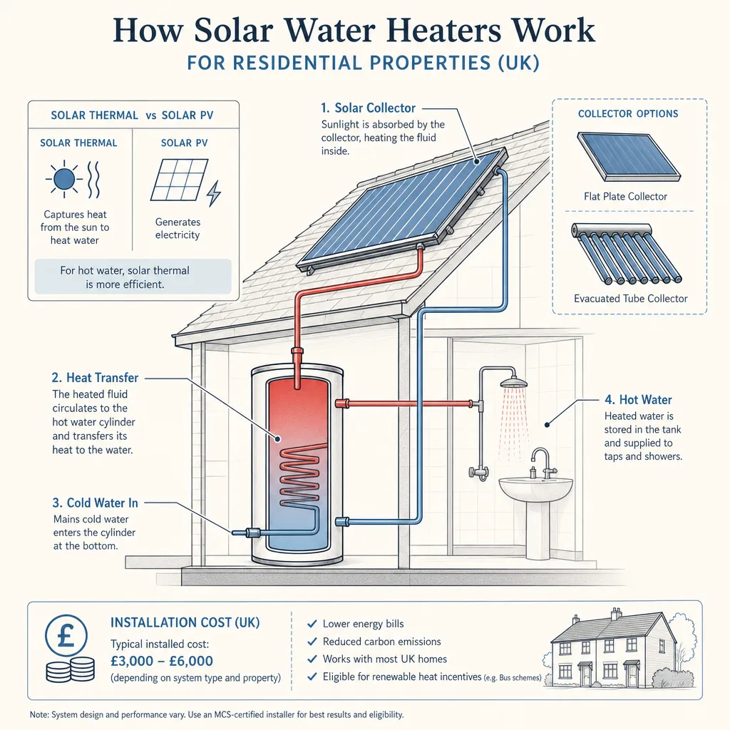 Diagram illustrating: How Solar Water Heaters Work for Residential Properties