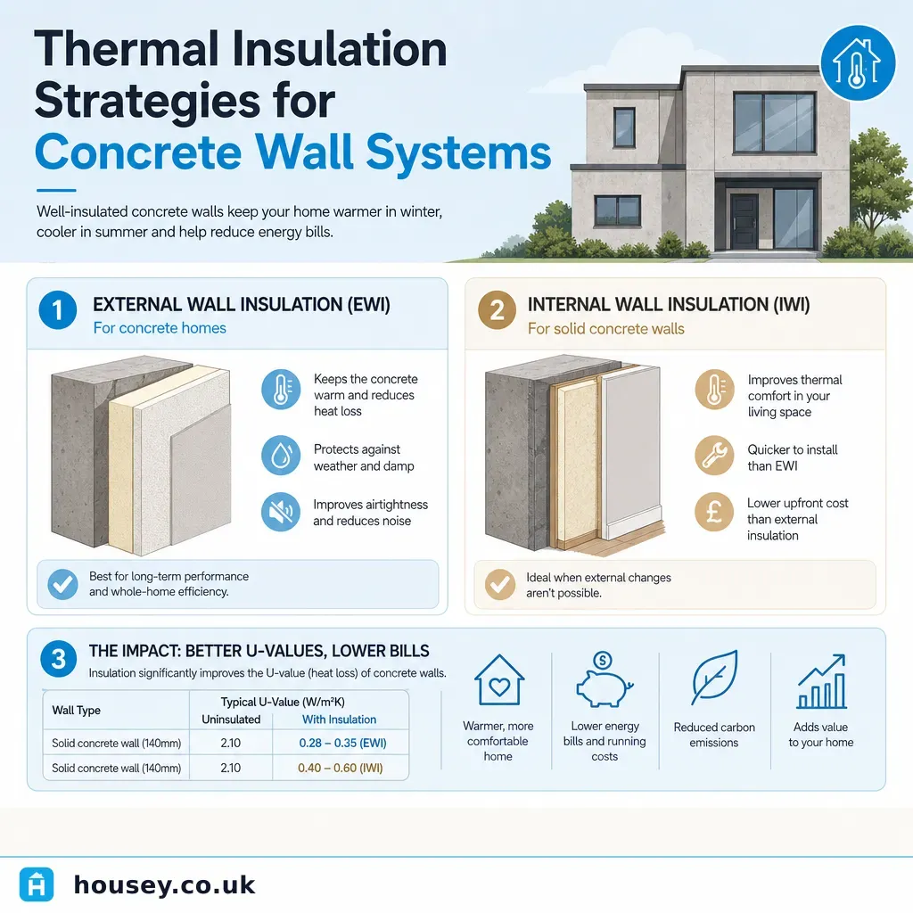 Infographic illustrating: Thermal Insulation Strategies for Concrete Wall Systems