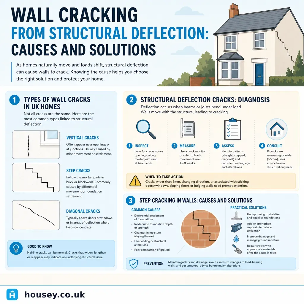 Infographic illustrating: Wall Cracking from Structural Deflection: Causes and Solutions