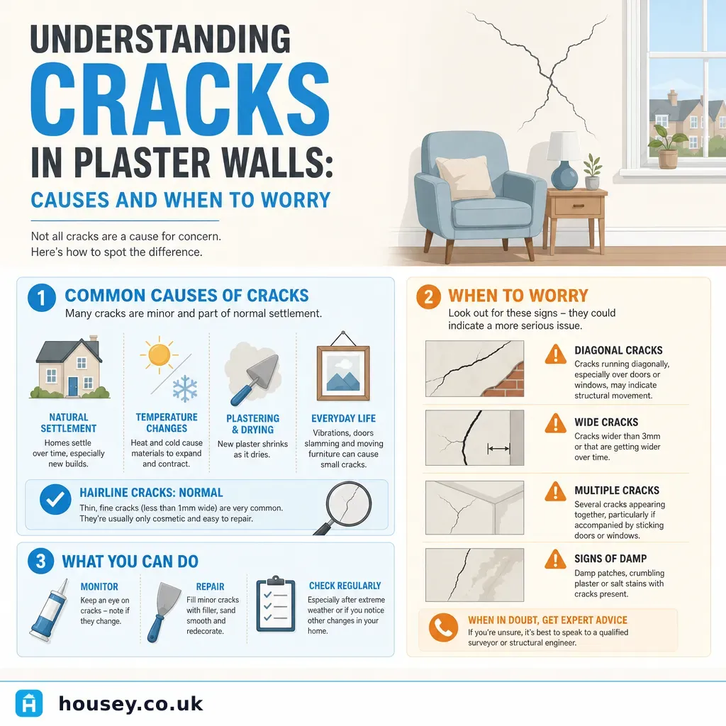 Infographic illustrating: Understanding Cracks in Plaster Walls: Causes and When to Worry