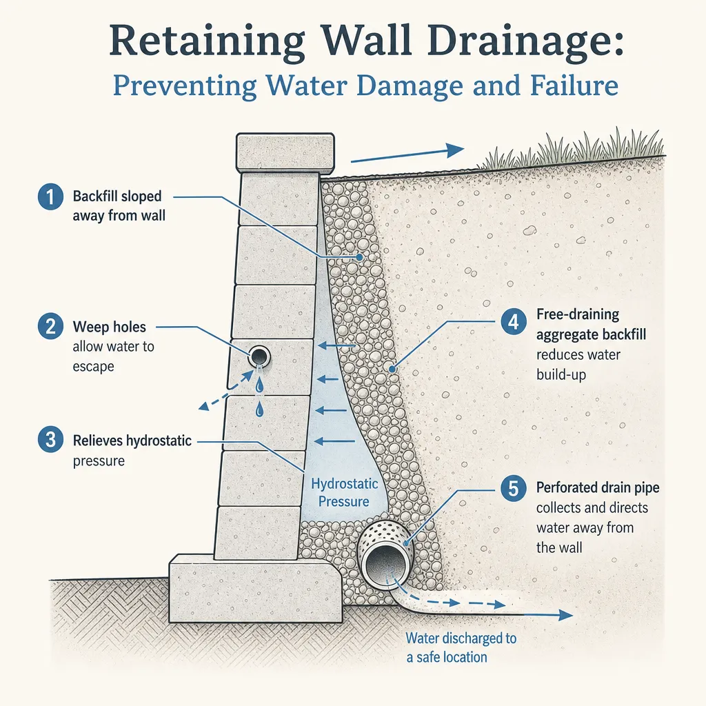 Diagram illustrating: Retaining Wall Drainage: Preventing Water Damage and Failure