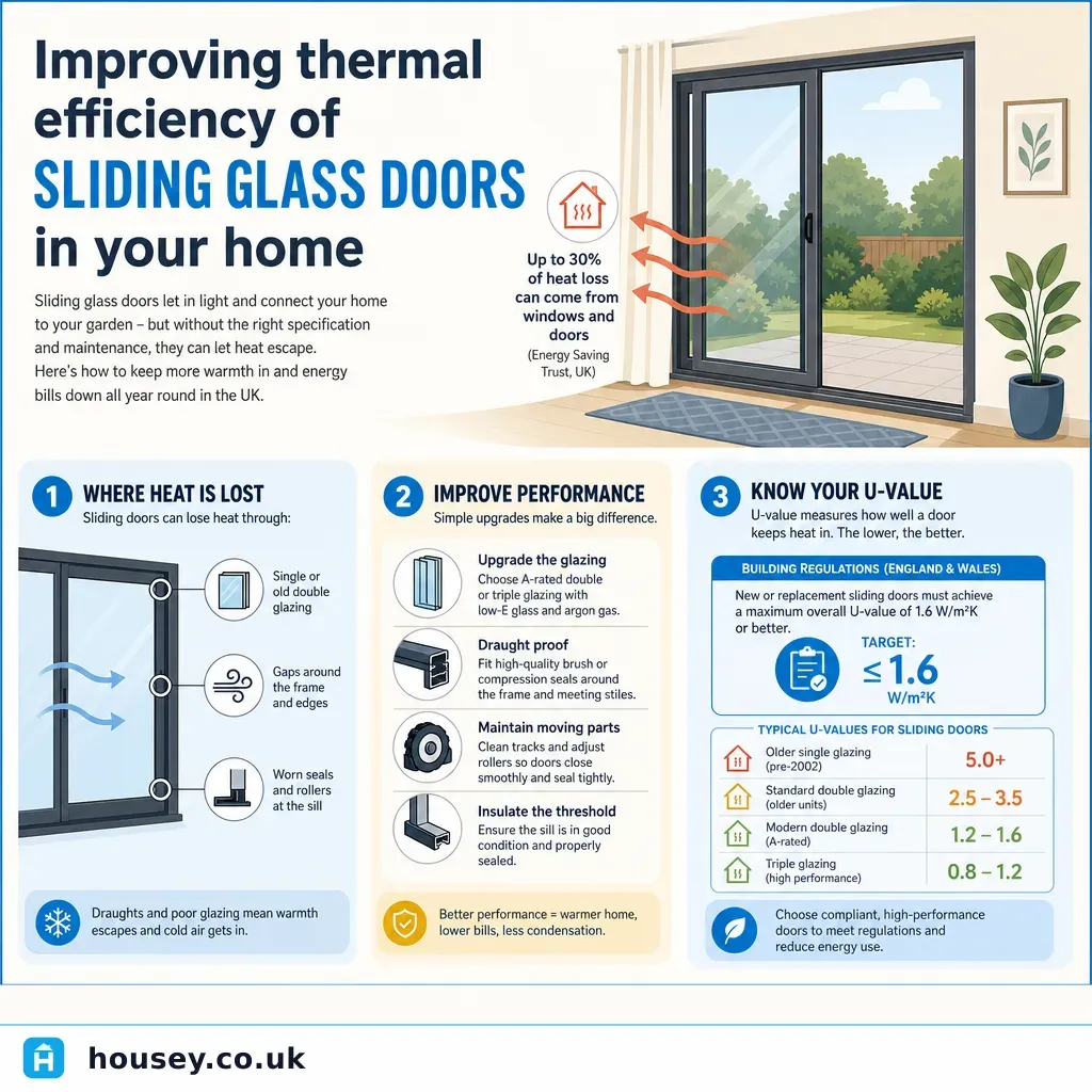 Infographic illustrating: Improving thermal efficiency of sliding glass doors in your home