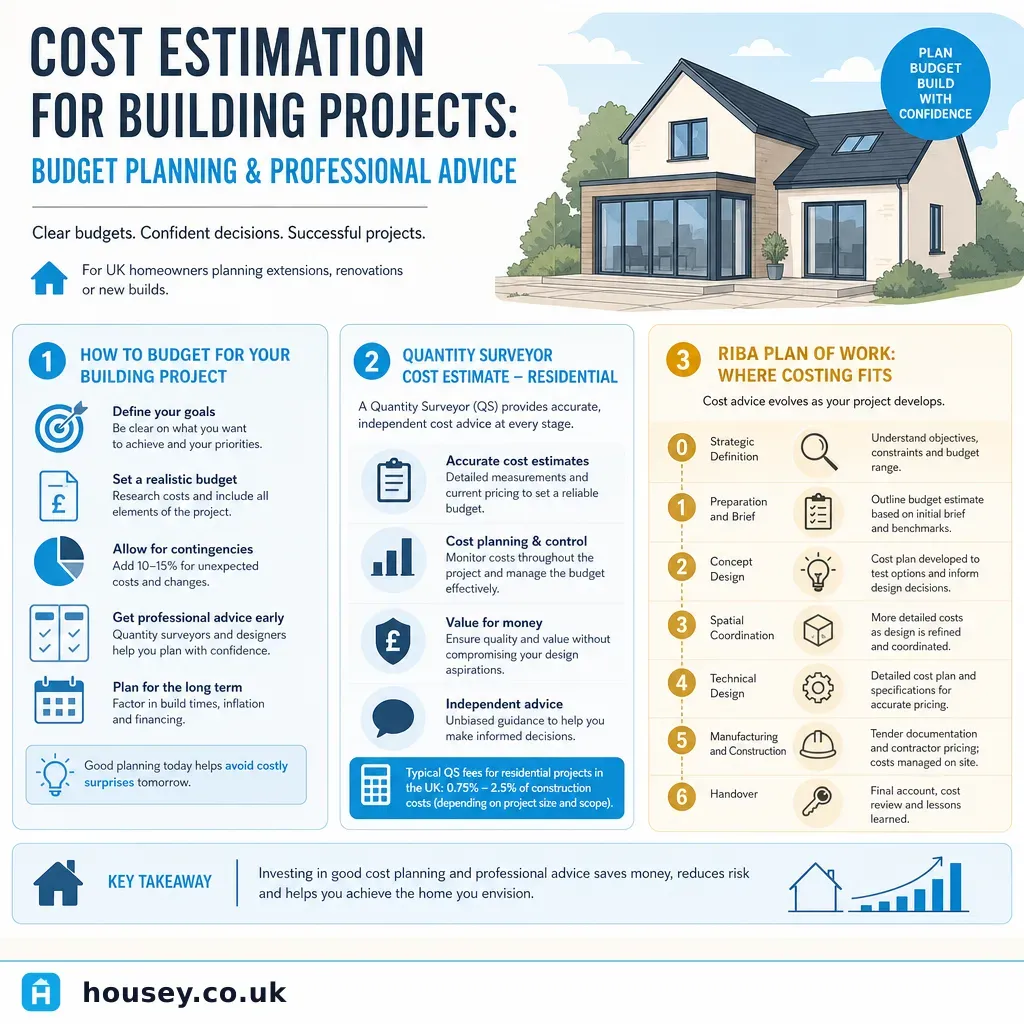 Infographic illustrating: Cost Estimation for Building Projects: Budget Planning and Professional Advice