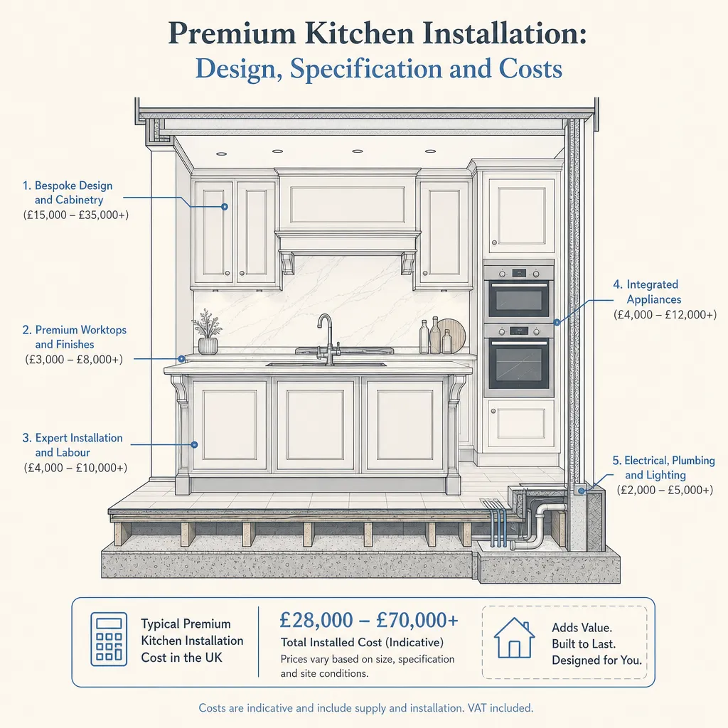 Diagram illustrating: Premium Kitchen Installation: Design, Specification and Costs