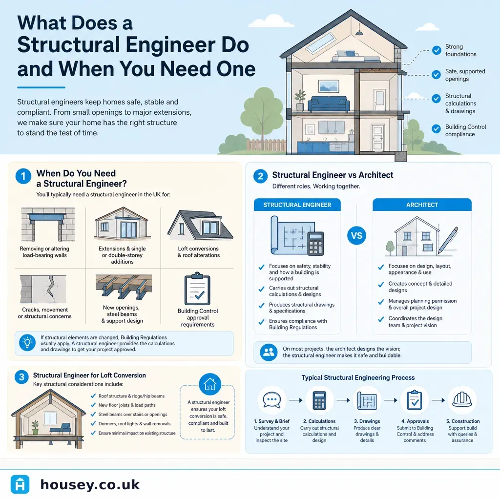 Infographic illustrating: What Does a Structural Engineer Do and When You Need One