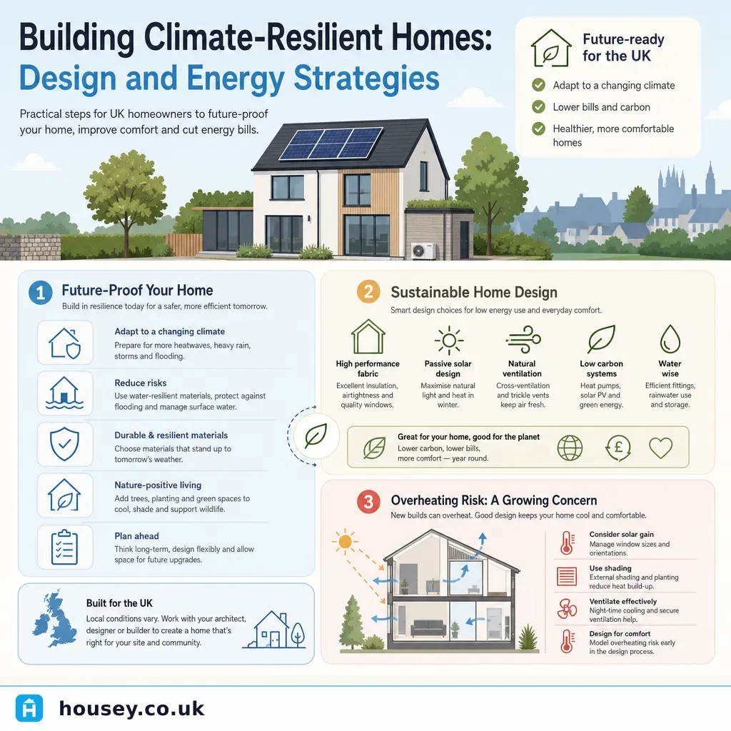 Infographic illustrating: Building Climate-Resilient Homes: Design and Energy Strategies