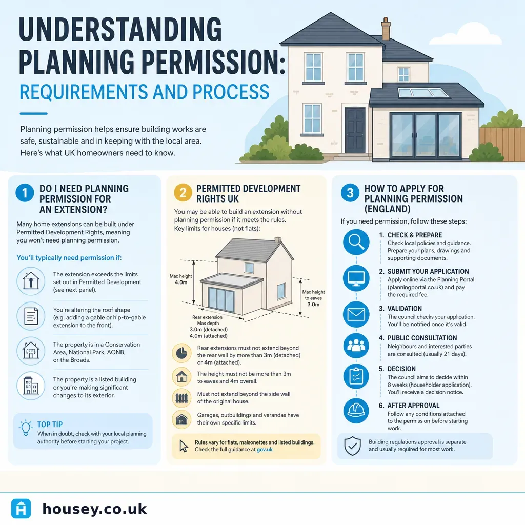 Infographic illustrating: Understanding Planning Permission: Requirements and Process