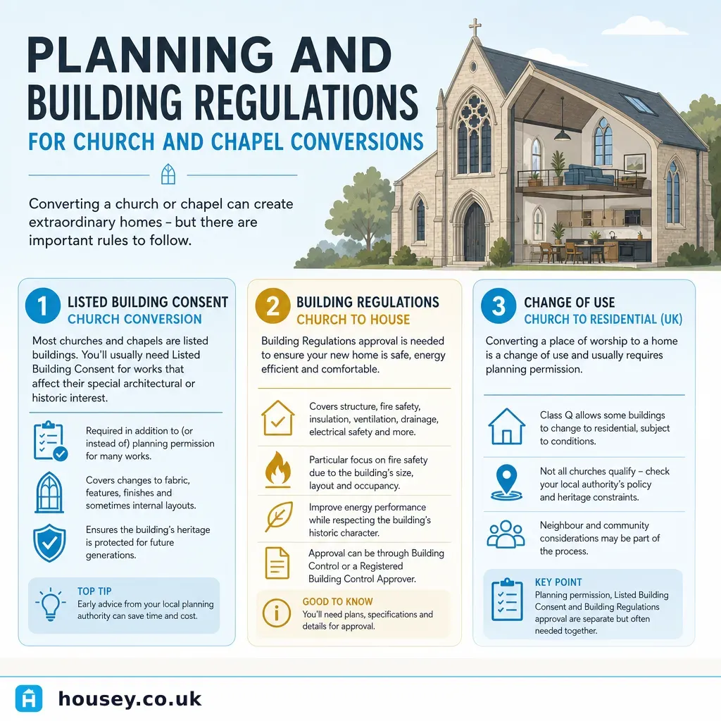 Infographic illustrating: Planning and Building Regulations for Church and Chapel Conversions