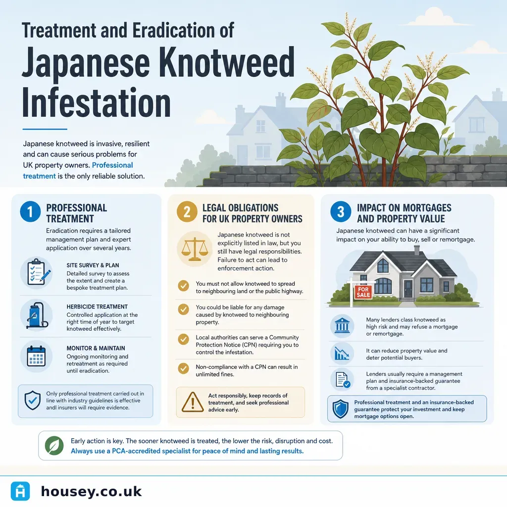 Infographic illustrating: Treatment and Eradication of Japanese Knotweed Infestation