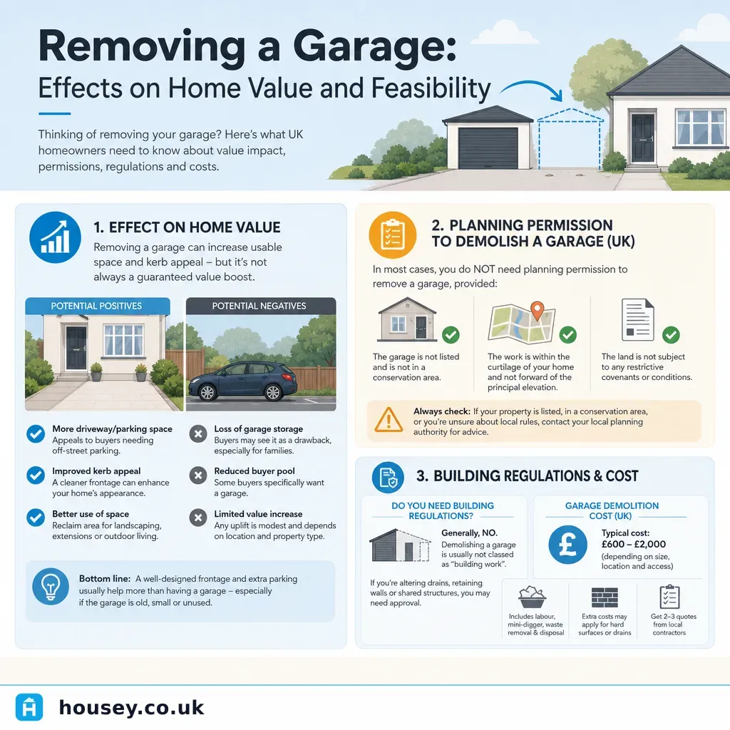Infographic illustrating: Removing a Garage: Effects on Home Value and Feasibility