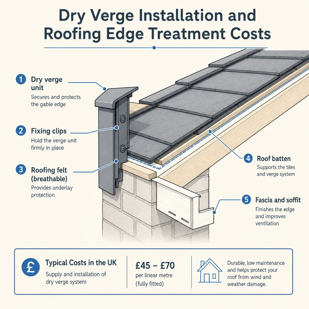 Diagram illustrating: Dry Verge Installation and Roofing Edge Treatment Costs