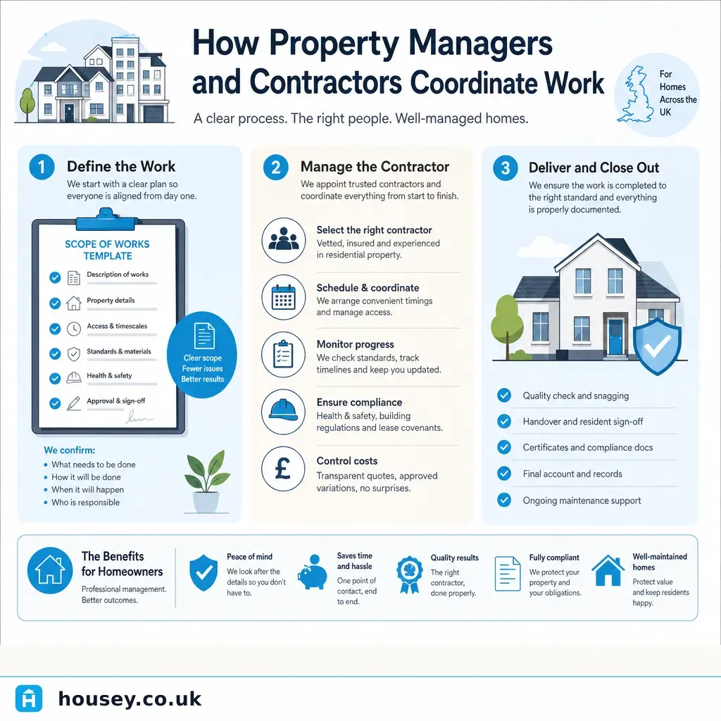 Infographic illustrating: How Property Managers and Contractors Coordinate Work