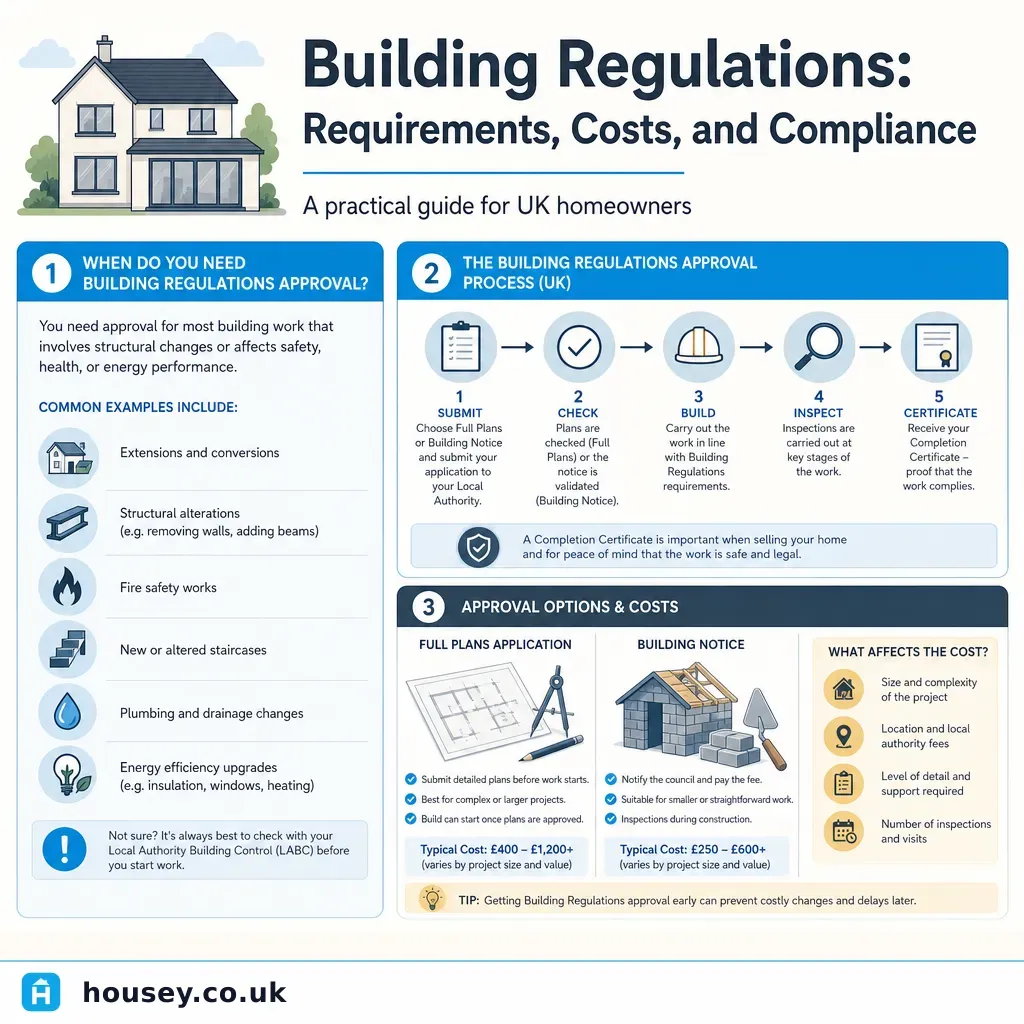 Infographic illustrating: Building Regulations: Requirements, Costs, and Compliance