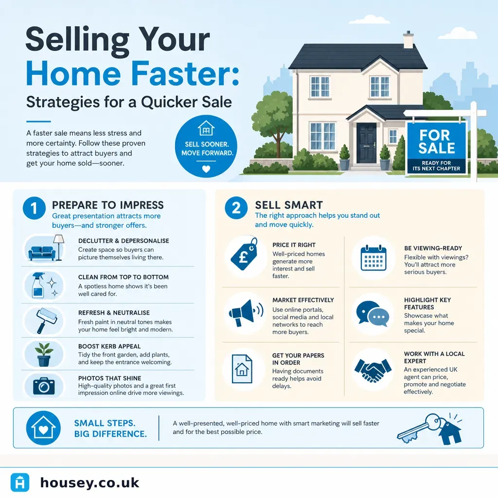 Infographic illustrating: Selling Your Home Faster: Strategies for a Quicker Sale