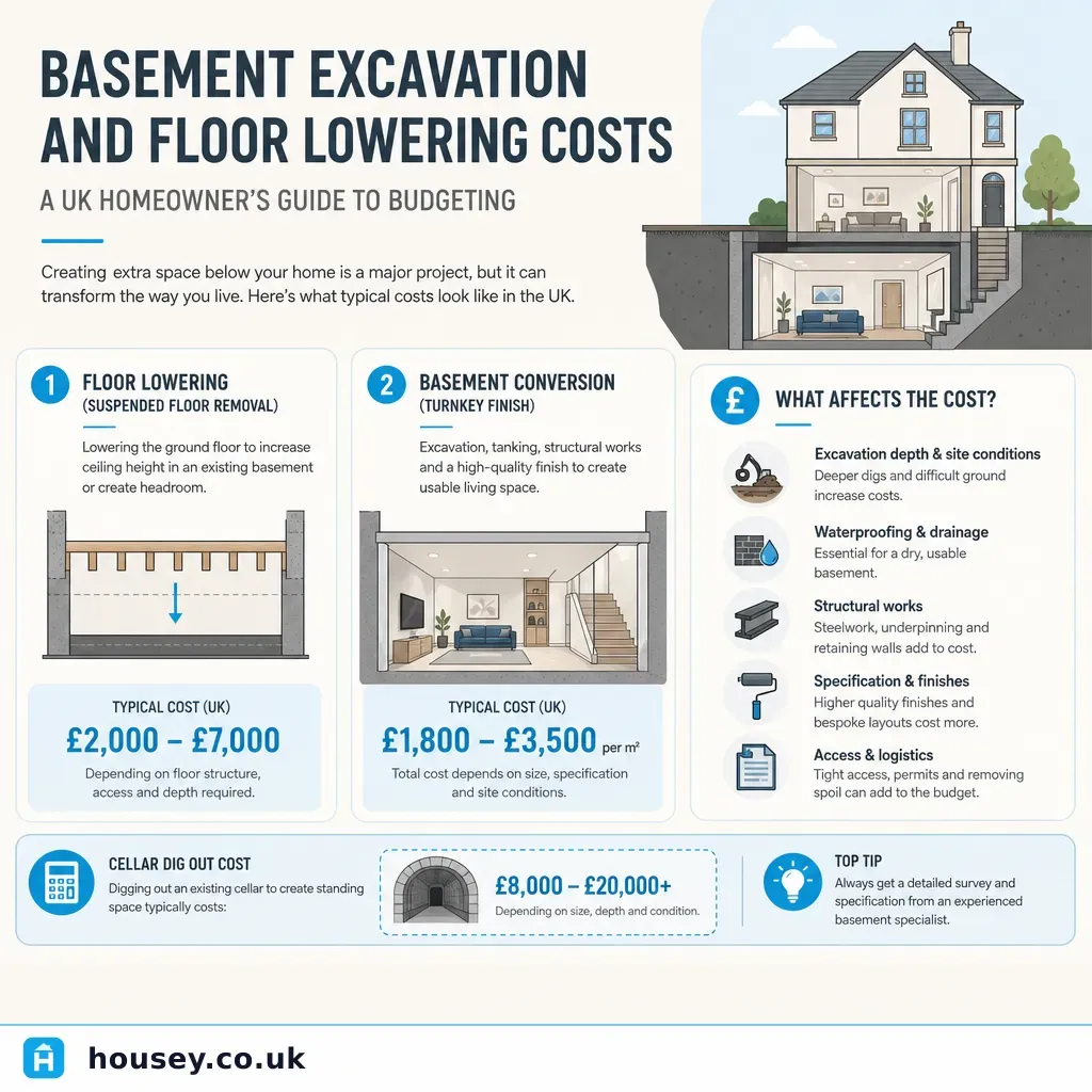 Infographic illustrating: Basement Excavation and Floor Lowering Costs