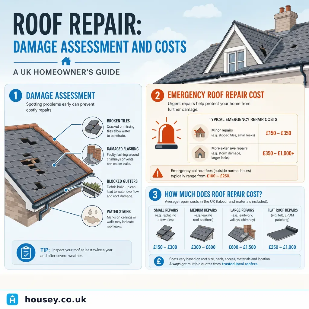 Infographic illustrating: Roof Repair: Damage Assessment and Costs