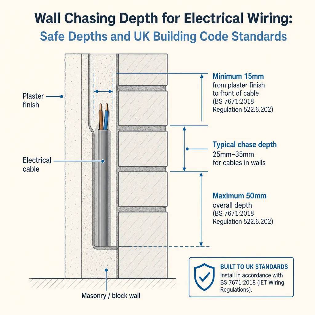 Diagram illustrating: Wall Chasing Depth for Electrical Wiring: Safe Depths and UK Building Code Standards
