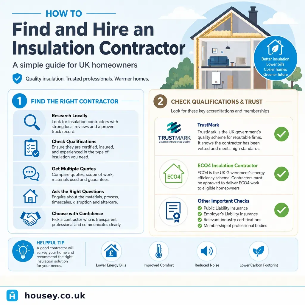 Infographic illustrating: How to Find and Hire an Insulation Contractor