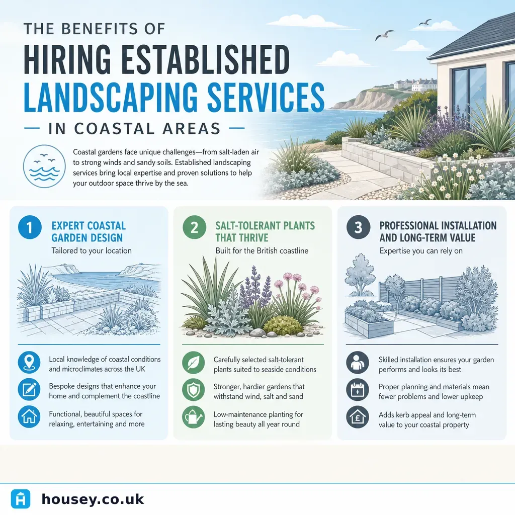 Infographic illustrating: Benefits of Hiring Established Landscaping Services in Coastal Areas