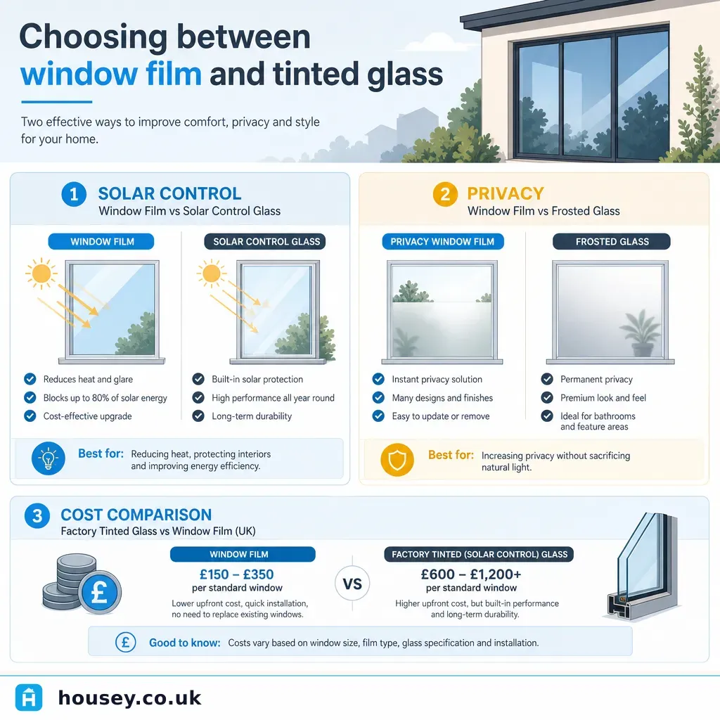 Infographic illustrating: Choosing between window film and tinted glass