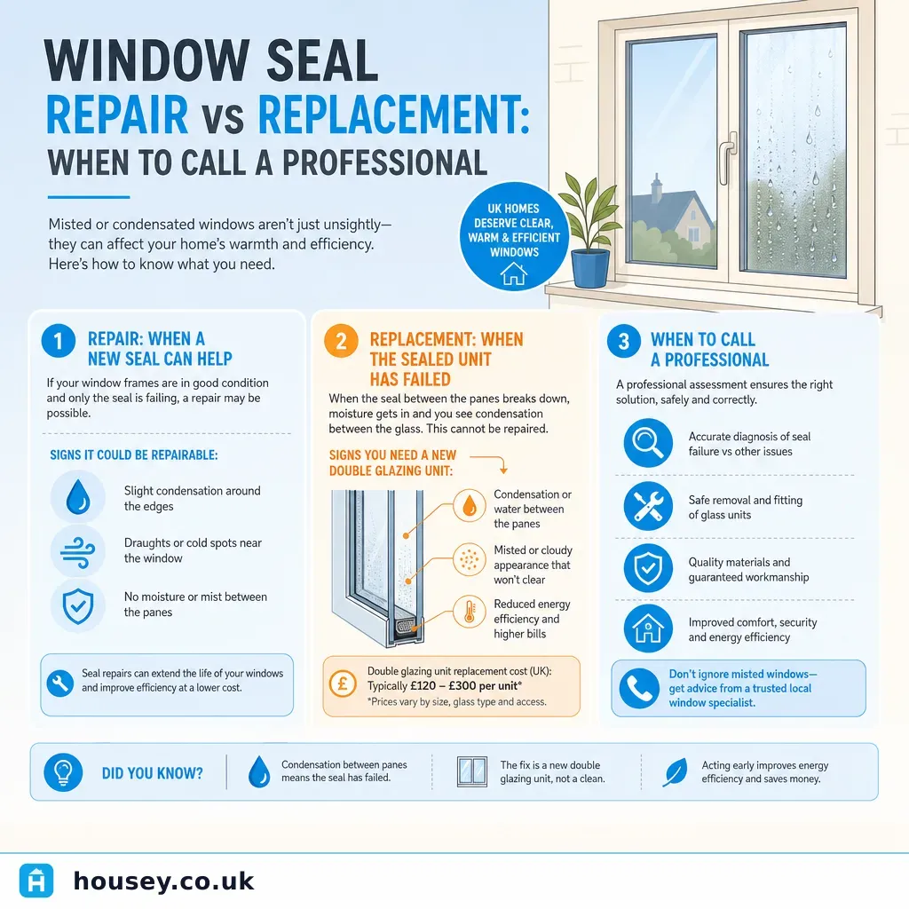 Infographic illustrating: Window Seal Repair vs Replacement: When to Call a Professional