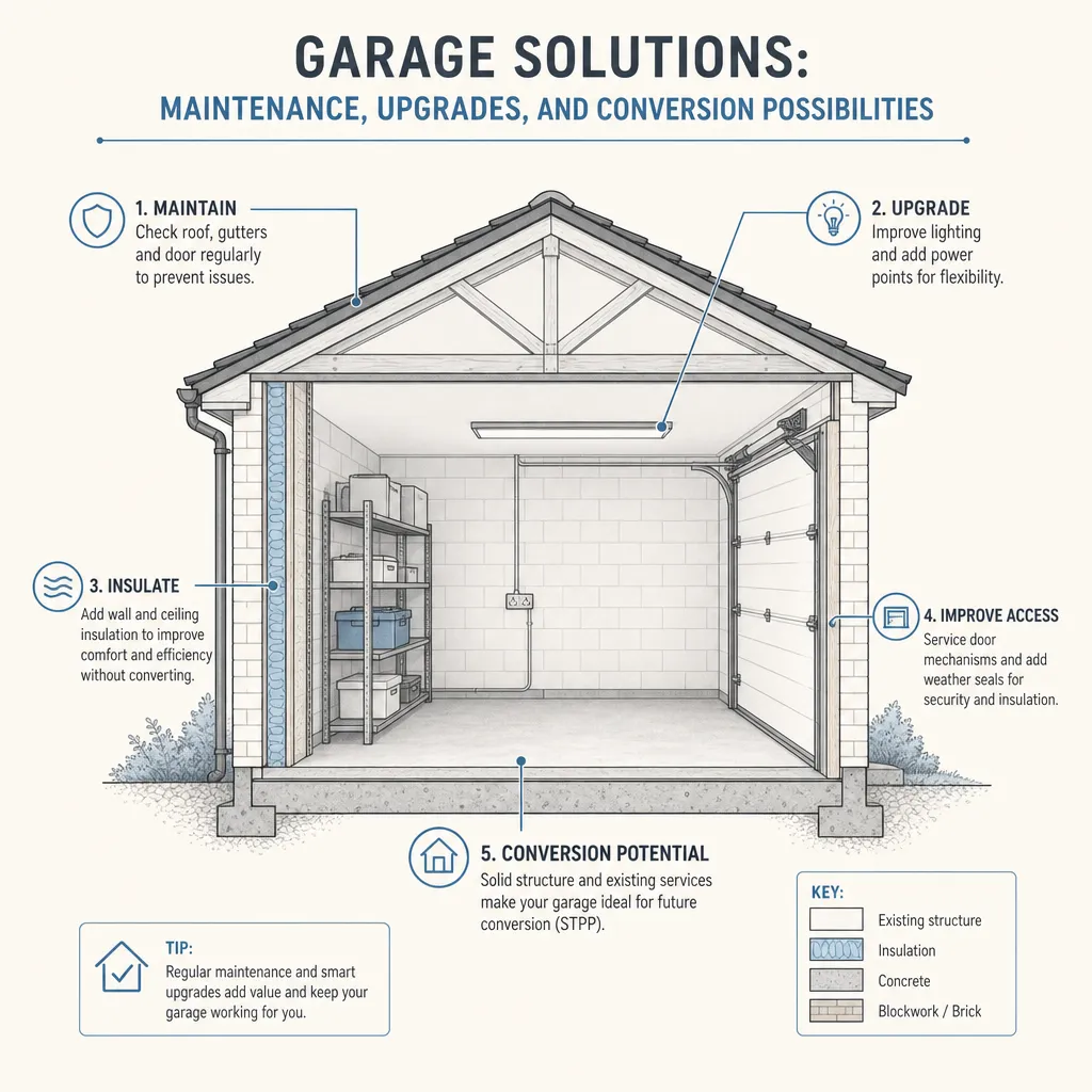 Diagram illustrating: Garage Solutions: Maintenance, Upgrades, and Conversion Possibilities