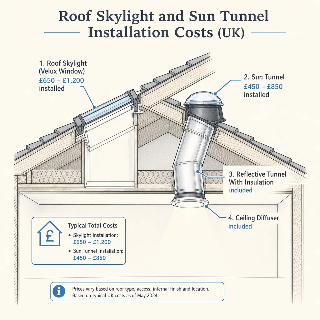 Diagram illustrating: Roof Skylight and Sun Tunnel Installation Costs