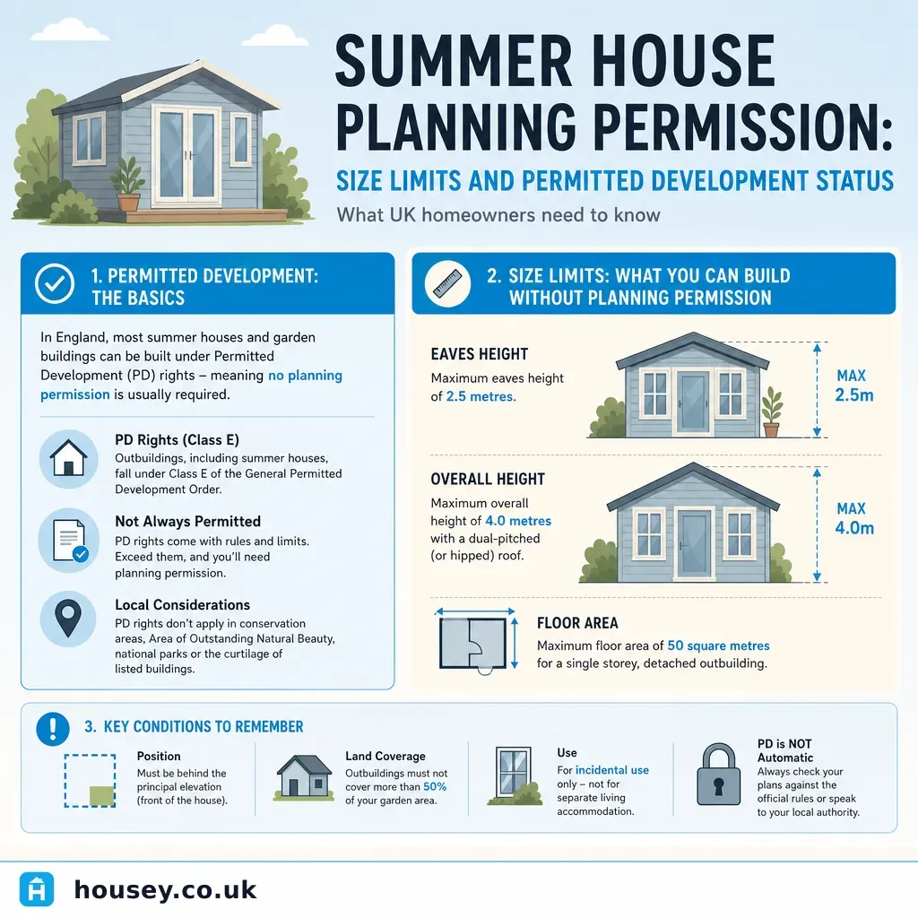 Infographic illustrating: Summer House Planning Permission: Size Limits and Permitted Development Status