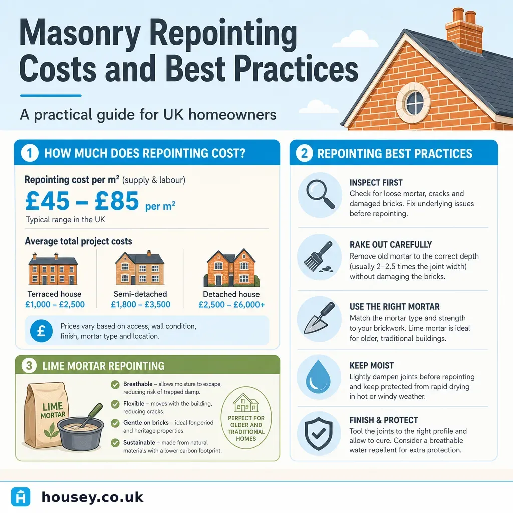 Infographic illustrating: Masonry Repointing Costs and Best Practices