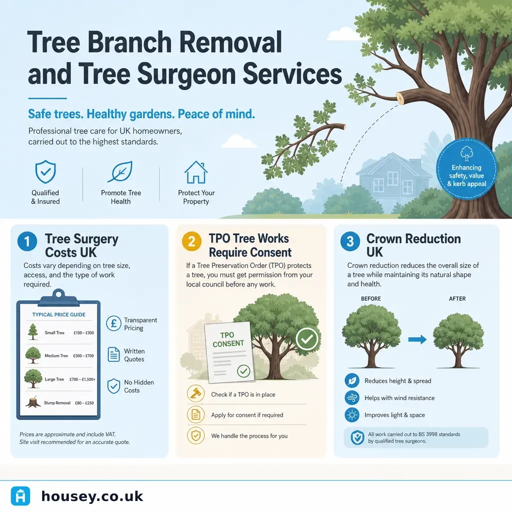 Infographic illustrating: Tree Branch Removal and Tree Surgeon Services
