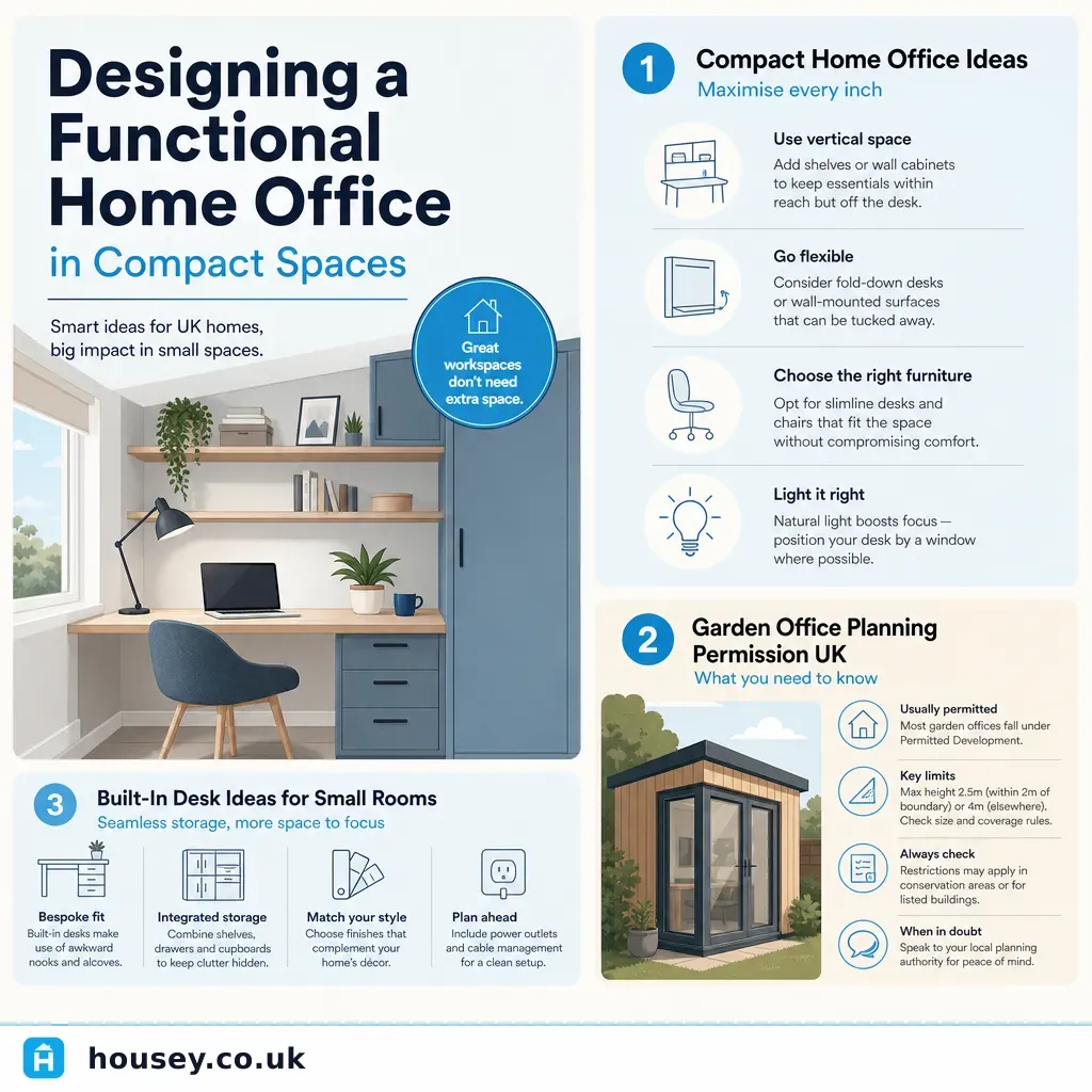 Infographic illustrating: Designing a Functional Home Office in Compact Spaces