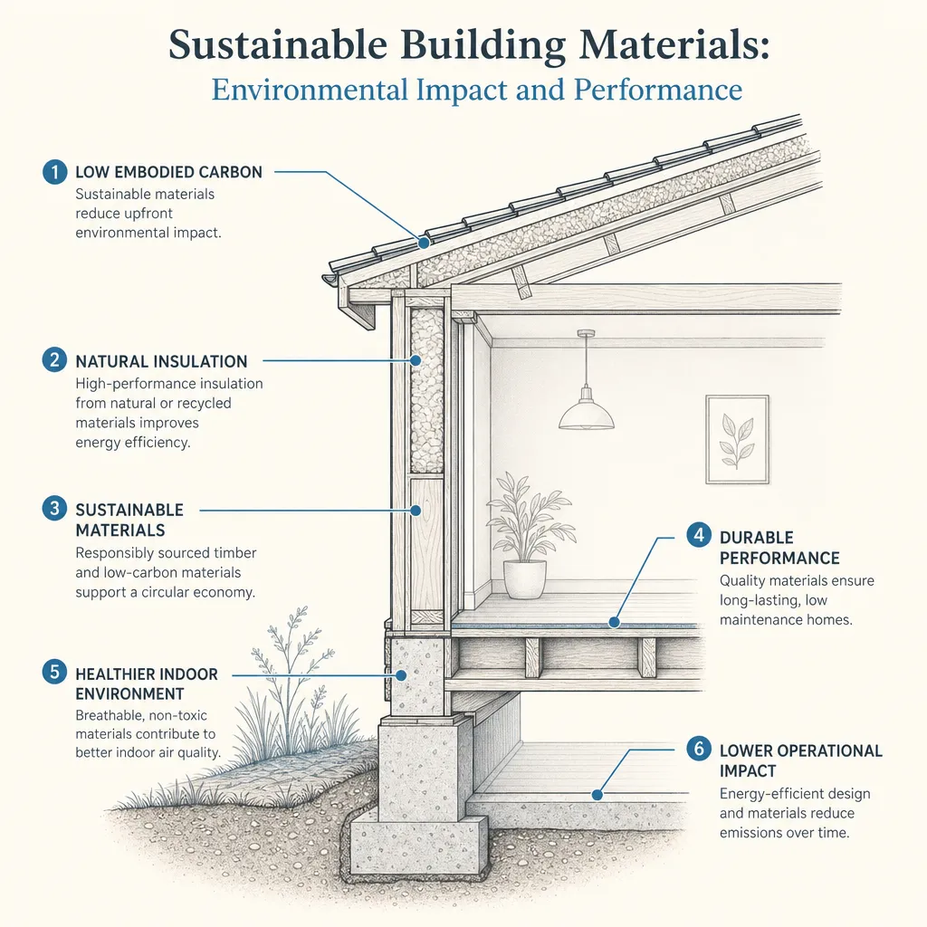 Diagram illustrating: Sustainable Building Materials: Environmental Impact and Performance